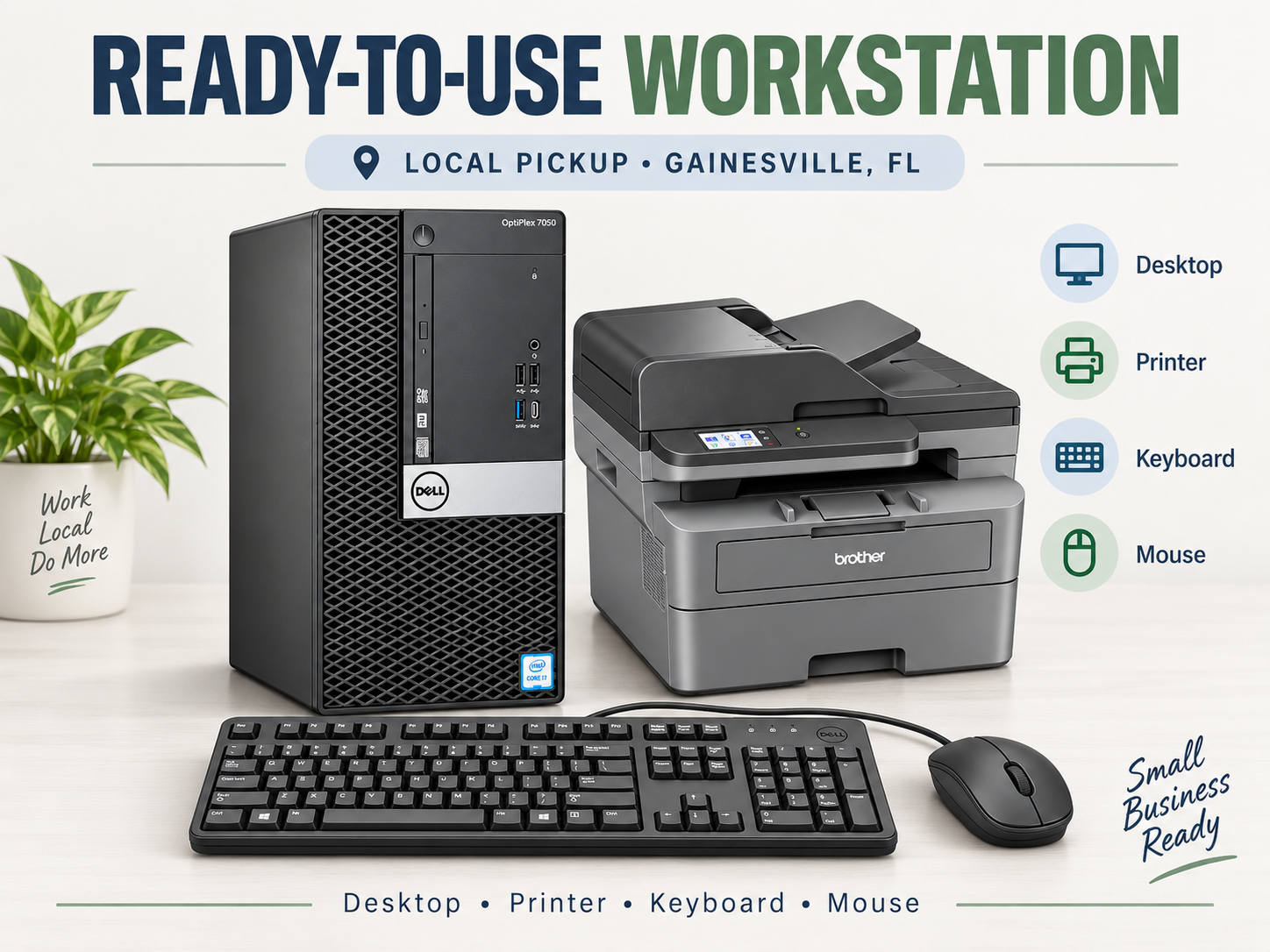 Dell OptiPlex workstation bundle with Brother MFC printer, keyboard, and mouse